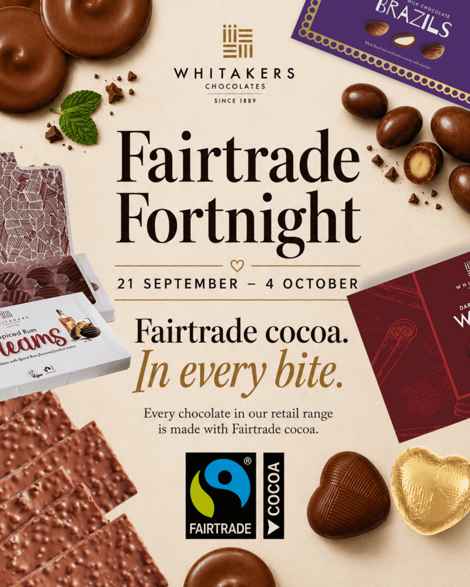 WhitakersChocs's tweet photo. Every cream. Every thin. Every crisp. Every bite. 🍫
Our retail chocolate range is made with Fairtrade cocoa — something we’re especially proud to celebrate this #FairtradeFortnight. 🌱🤎
#Fairtrade #FairtradeCocoa #WhitakersChocolates #MadeInYorkshire #ChocolateLovers https://t.co/6A8WmtlnPR