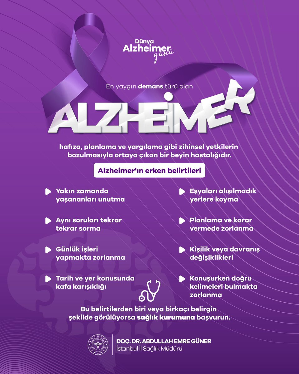 dr_aemreguner's tweet photo. Unutkanlık yaşlılığın doğal bir sonucu değil, Alzheimerın erken habercisi olabilir.

Yakın zamanda yaşananları unutmak, aynı soruları tekrar tekrar sormak, günlük işleri yaparken zorlanmak ve zaman–yer konusunda kafa karışıklığı yaşamak göz ardı edilmemesi gereken belirtilerdir.

21 Eylül #DünyaAlzheimerGünü