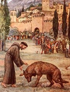trad_west_'s tweet photo. St. Francis once walked out to meet a wolf that was terrorizing an Italian town.

He called it “Brother Wolf,” made peace with it, and convinced the townspeople to feed it. 

The wolf reportedly lived peacefully among them for the rest of its life. https://t.co/9aUWaez0O7