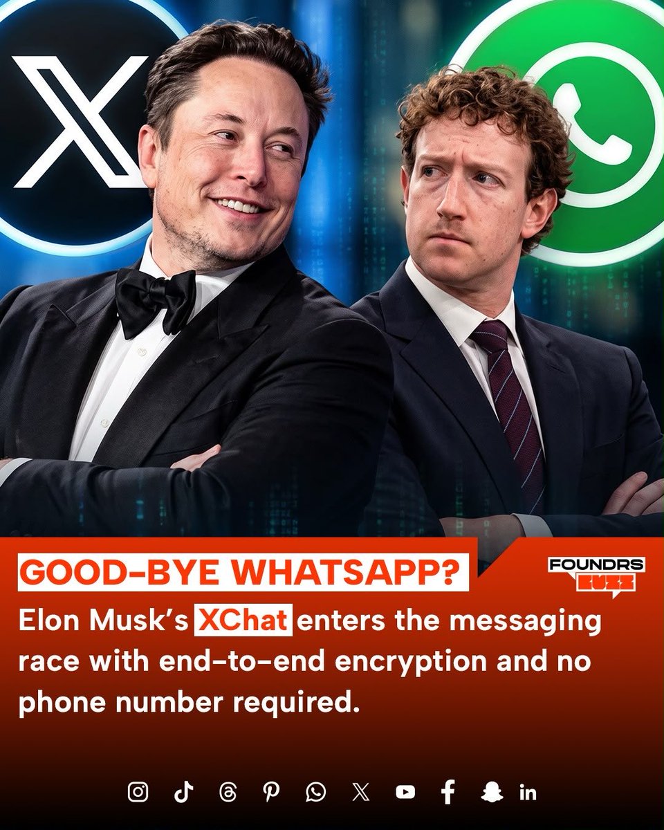 foundrsbuzz's tweet photo. WhatsApp has a new competitor in the chat! Elon Musk’s XChat is designed as a dedicated messaging app connected to X accounts.

Follow @FoundrsBuzz for more tech, business &amp; brand updates.

#XChat #ElonMusk #WhatsApp #TechNews #FoundrsBuzz https://t.co/fVZMISfi2l