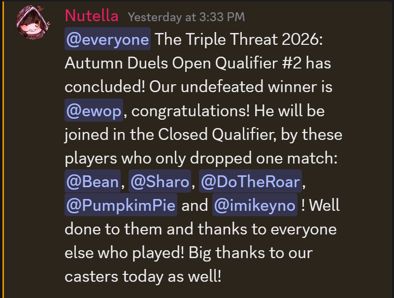 Norgoz's tweet photo. Congratulations to ewop (former Duels Champion) for going UNDEFEATED in Open Qualifier 2, winning against Bean to earn this feat!

Qualifiers:
- ewop
- Bean
- Sharo
- Dauphong
- Angiethekitty
- Strelizia

This coming weekend are the 3rd and 4th qualifiers:
https://t.co/6BtItS8XSZ https://t.co/cBBINpUrfK