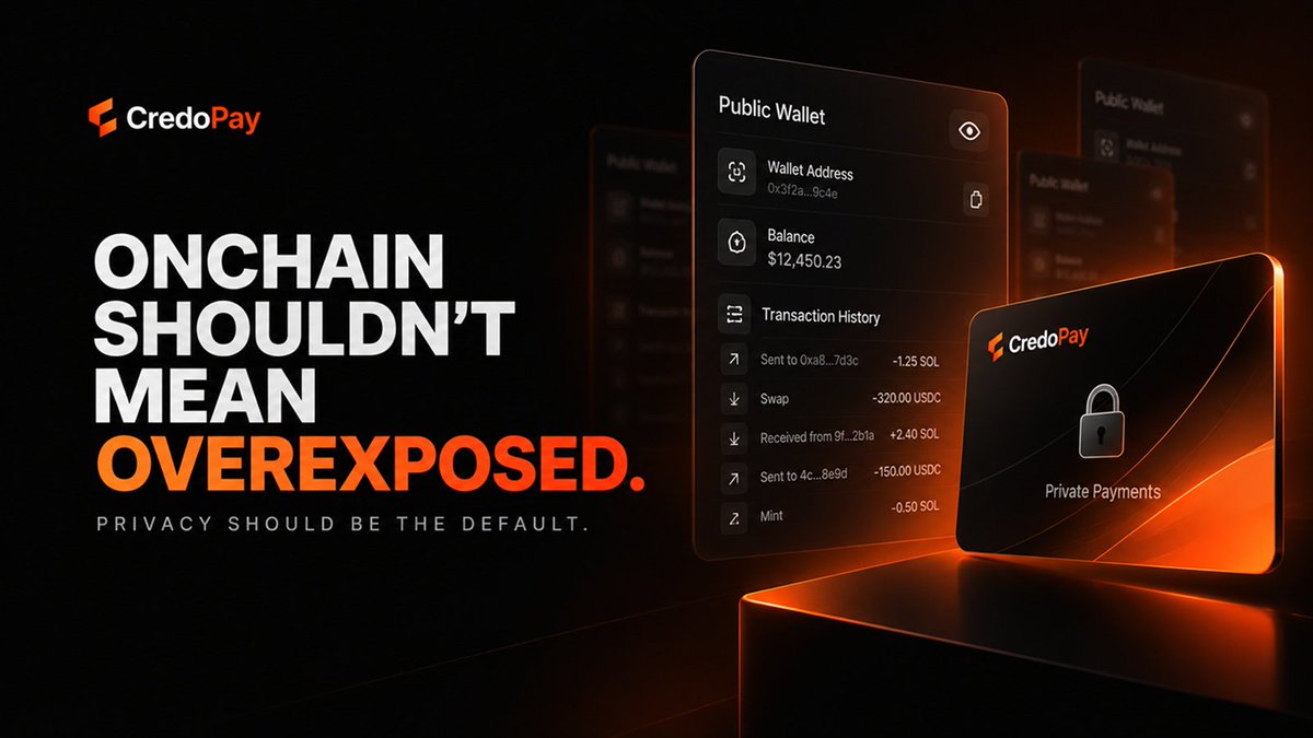 CredoPay_'s tweet photo. Onchain shouldn’t mean overexposed.

Public wallets can reveal your balance, address, and transaction history every time you pay.

CredoPay keeps payments private by default, so merchants only get what they need to verify the payment.

No public balances. No unnecessary exposure. https://t.co/SKYGetVsju