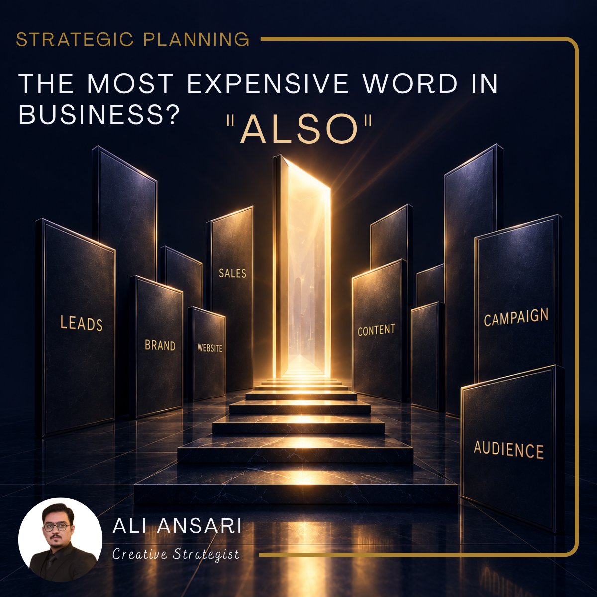 TheAlyAnsary's tweet photo. The most expensive word in business might be "also."
More leads. Also, better branding. Also, a new website. Also, another platform.
Every "also" competes for your resources.
#CreativeStrategist #StrategicPlanning #ResourceAllocation #BusinessGrowth #Leadership https://t.co/KWy7Gp0a0W