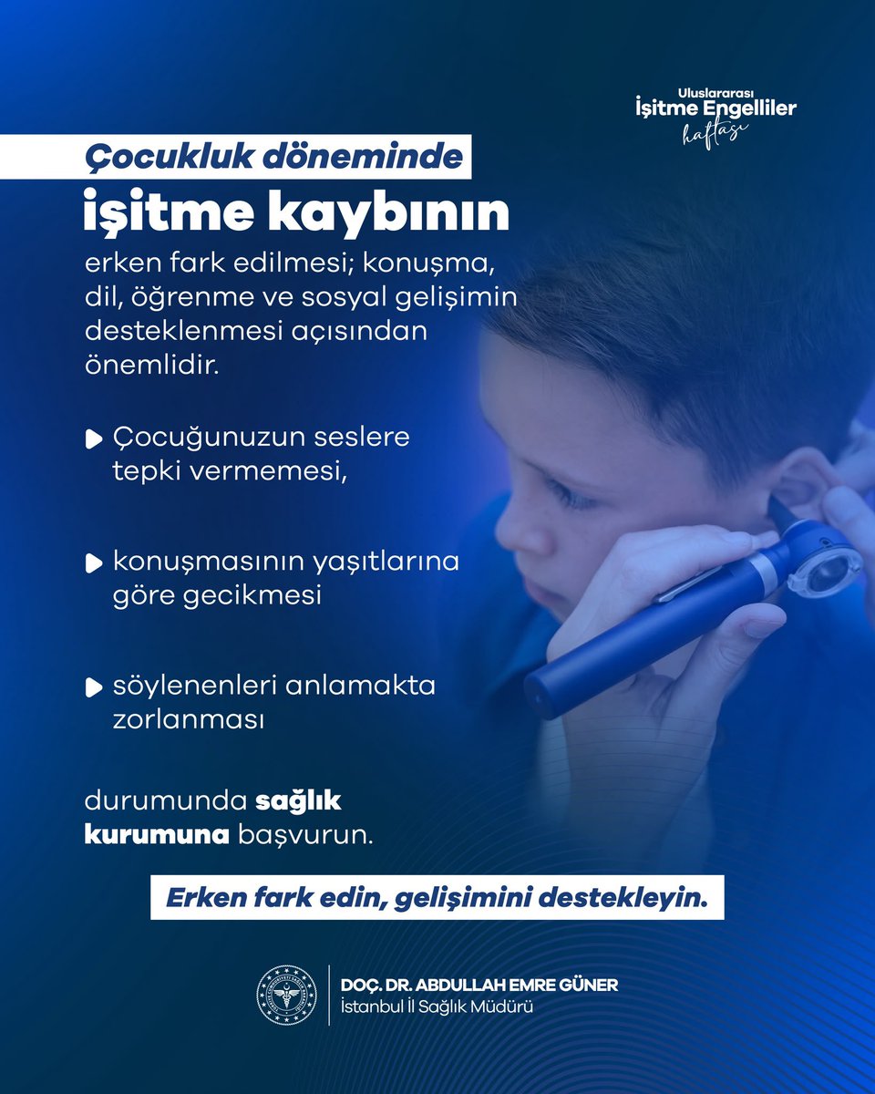 dr_aemreguner's tweet photo. Çocukluk döneminde işitme kaybının erken fark edilmesi; çocuğun yalnızca sesleri duyması değil, konuşması, öğrenmesi ve dünyayla bağ kurması için büyük önem taşıyor.

Çocuğunuzun seslere tepkisinde, konuşma gelişiminde veya söylenenleri anlamasında bir farklılık fark ettiğinizde vakit kaybetmeden bir sağlık kuruluşuna başvurun.

#UluslararasıİşitmeEngellilerHaftası