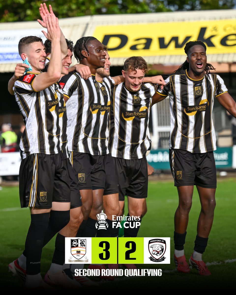 EmiratesFACup's tweet photo. Hereford arrived at the Stan Robinson Stadium top of the table and unbeaten in eight, two divisions above Stafford Rangers.

But it was @SRFCofficial who progressed with a fantastic win 👏 https://t.co/zkEjzMWoEJ