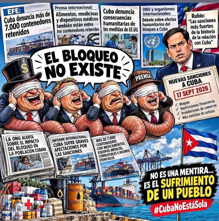 Olga1029988's tweet photo. 🇺🇸 Dice EEUU que no hay #Bloqueo ni cerco energético contra #Cuba 🇨🇺.
No puede haber mayor cinismo que asfixiar a un pueblo y culpar a otros.
#EEUUMienteSiempre
#Asfixia
#TumbaElBloqueo https://t.co/g8Zt6eFwcL