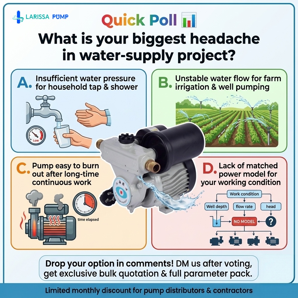 Larissapumps's tweet photo. Quick poll: What is your water‑supply project biggest trouble? Comment A/B/C/D, DM for pump quotation.#BoosterPump #WaterPump https://t.co/wCvUePK5Ur