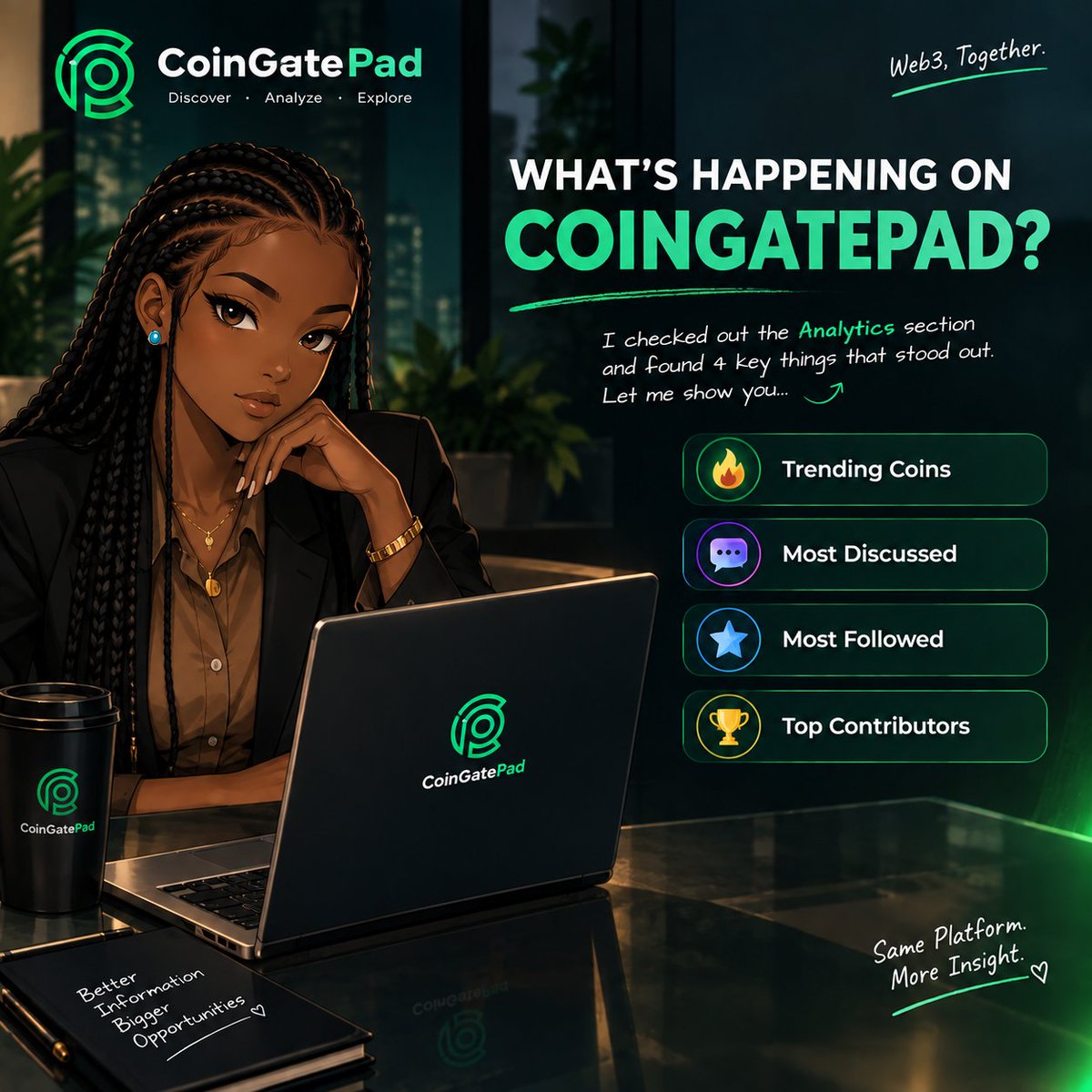 AniverseStudi0's tweet photo. I took some time to explore the Analytics section on @CoinGatePad , and I found a few features that give you a quick look at what’s happening across the community.

From trending coins to discussions, followers and contributors, there’s quite a bit to explore.

Here’s a closer look. 🧵👇