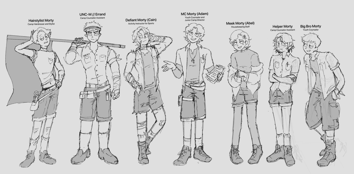 shhnevahere's tweet photo. i've compiled all the older Mortys i saw so far in #MortySummerCamp 

they all have their specific responsibilities in camp but i don't think they get paid. well, it's still better than sitting through activities made for younger Mortys

tagging their creators below ↓↓↓ https://t.co/v4TvLQuypF