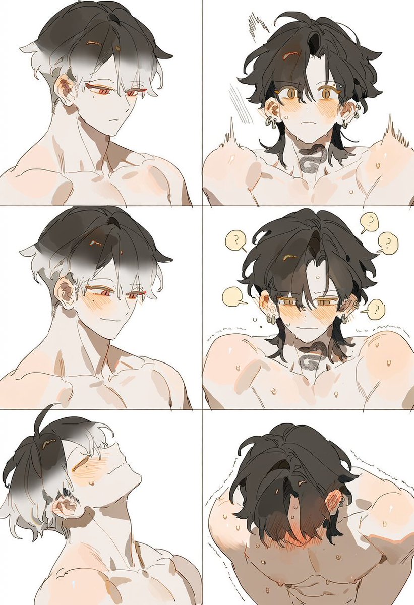 ah__th_'s tweet photo. 감각공유 오ㄴㅏ호ㄹ

Nai 5 (타율 낫밷이래요)

3::comic page containing exactly six panels, 2 columns and 3 rows, only six panels total::, two adult characters, magical sensation link, suggestive comedy

Panel 1: side view, the left character secretly activates an unseen magical object below the frame, mischievous blush.

Panel 2: the right character suddenly jolts, startled by a mysterious shared sensation, blushing and sweating.

Panel 3: the left character subtly increases the magic, trying not to laugh, flushed cheeks.

Panel 4: the right character becomes increasingly flustered, trembling, sweating, confused by the intensifying sensation.

Panel 5: the left character state tilts their head back, heavily blushing and struggling to keep a straight face.

Panel 6: the right character bends forward, face deeply flushed, trembling and overwhelmed by the magical sensation link.

magical object off-screen