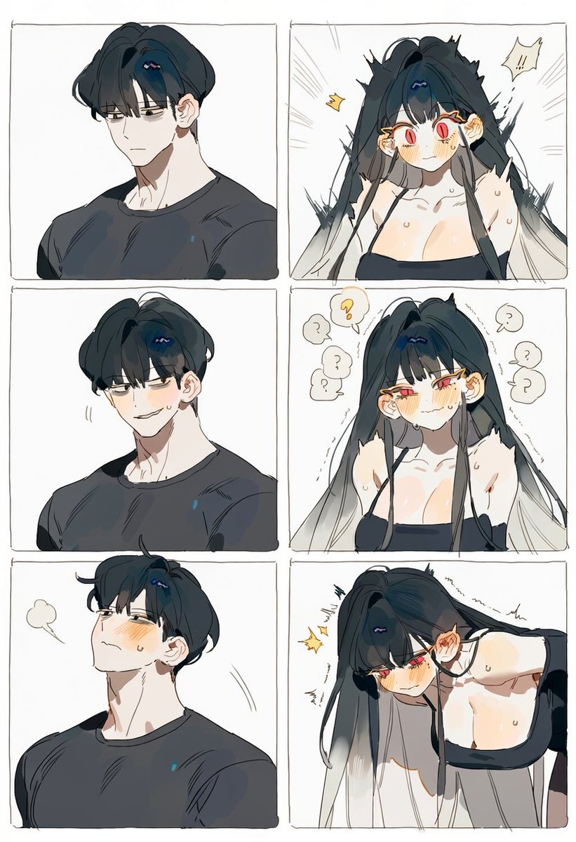 ah__th_'s tweet photo. 감각공유 오ㄴㅏ호ㄹ

Nai 5 (타율 낫밷이래요)

3::comic page containing exactly six panels, 2 columns and 3 rows, only six panels total::, two adult characters, magical sensation link, suggestive comedy

Panel 1: side view, the left character secretly activates an unseen magical object below the frame, mischievous blush.

Panel 2: the right character suddenly jolts, startled by a mysterious shared sensation, blushing and sweating.

Panel 3: the left character subtly increases the magic, trying not to laugh, flushed cheeks.

Panel 4: the right character becomes increasingly flustered, trembling, sweating, confused by the intensifying sensation.

Panel 5: the left character state tilts their head back, heavily blushing and struggling to keep a straight face.

Panel 6: the right character bends forward, face deeply flushed, trembling and overwhelmed by the magical sensation link.

magical object off-screen