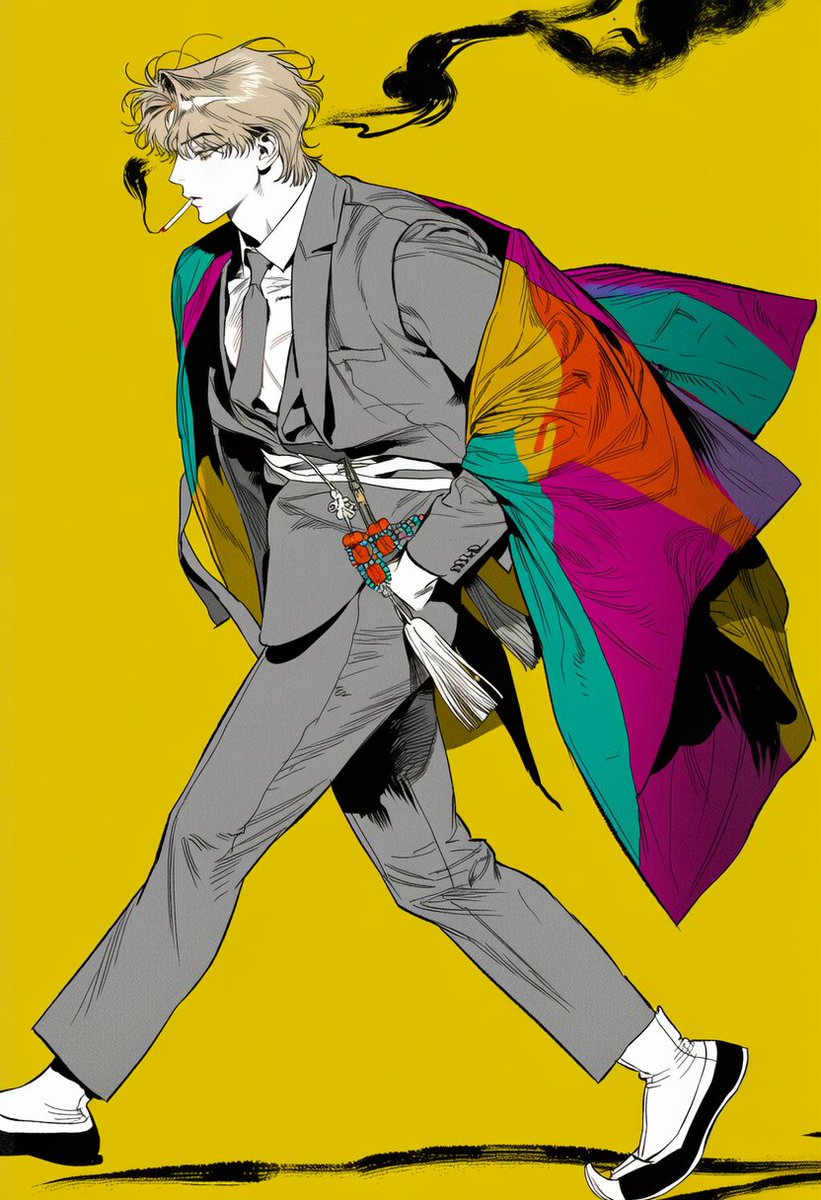 leftbypeace's tweet photo. * 🚬
* 자유롭게 사용해 주세요

Prompt

full body, 3::side profile, natural walking pose, mid-stride, one leg forward, other leg back::, smoking cigarette, 3::black ink-like cigarette smoke, sumi-e smoke, flowing ink wash::, 2::gray tailored suit, white dress shirt, gray necktie::, 3::colorful Korean shaman robe worn loosely over suit::, long flowing sleeves, robe fluttering behind, colorful ritual beads and tassels at waist, 2::one hand in pocket, other arm relaxed at side::, fashion editorial, flat mustard yellow background