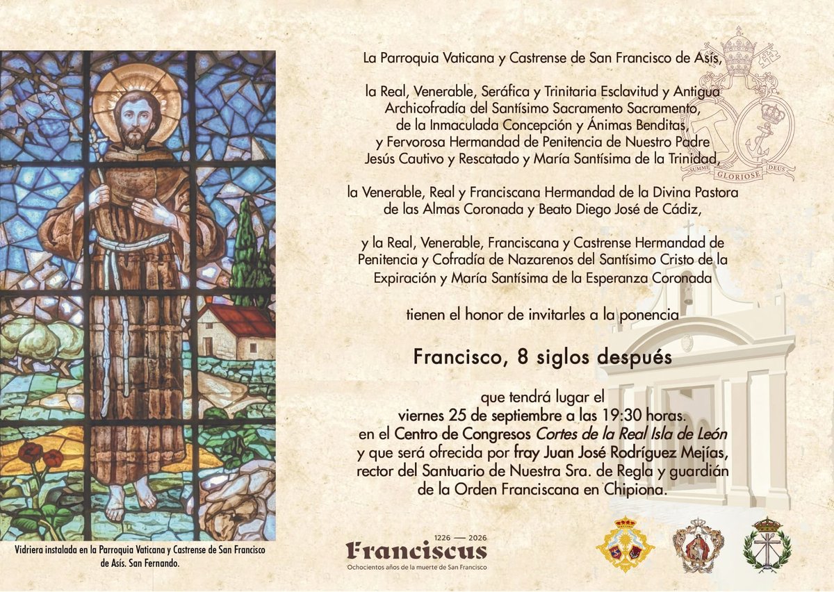HdadPastora_Sf's tweet photo. #FORMACIÓN | AÑO JUBILAR FRANCISCANO

El próximo 25 de septiembre, a las 19:30 h, en el Centro de Congresos, tendrá lugar la conferencia "Francisco, 8 siglos después" a cargo de Fray Juan José Rodríguez Mejías, rector del Santuario de Ntra. Sra. de Regla de Chipiona. https://t.co/pQfwh4Zque