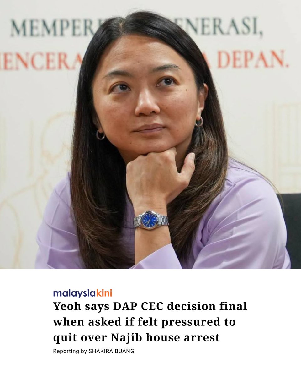 malaysiakini's tweet photo. Hannah Yeoh, who sits on the Federal Territories Pardons Board, has referred to the DAP central executive committee’s (CEC) decision when asked whether she felt pressured to resign as a minister following the decision to allow former prime minister Najib Abdul Razak to serve the remainder of his prison sentence under house arrest.

The DAP deputy secretary-general said the CEC’s decision to accept secretary-general Anthony Loke’s offer to resign as transport minister was final and must be respected.

Yeoh, who is the minister in the Prime Minister’s Department (Federal Territories), said the CEC reached its decision after taking into account the views raised during the meeting.

Full story: https://t.co/N3YboDzCo3