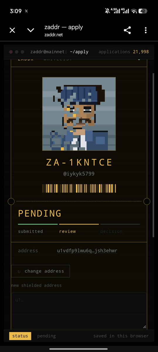 iykyk5799's tweet photo. Application is officially PENDING review! ✅ Agent code ZA-1KNTCE is ready to join the ranks. Let's go! 🚀
#ZADDR https://t.co/i7D5622T0N