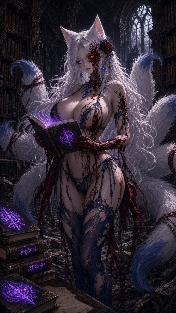 BlackTomb2047's tweet photo. White fox tails in a ruined library, one violet eye and one burning red. A glowing grimoire in her hands, veins crawling across her skin.
#WhiteHair #FoxGirl #RedEye #DarkLibrary #Corrupted https://t.co/5pPPIMx3sZ