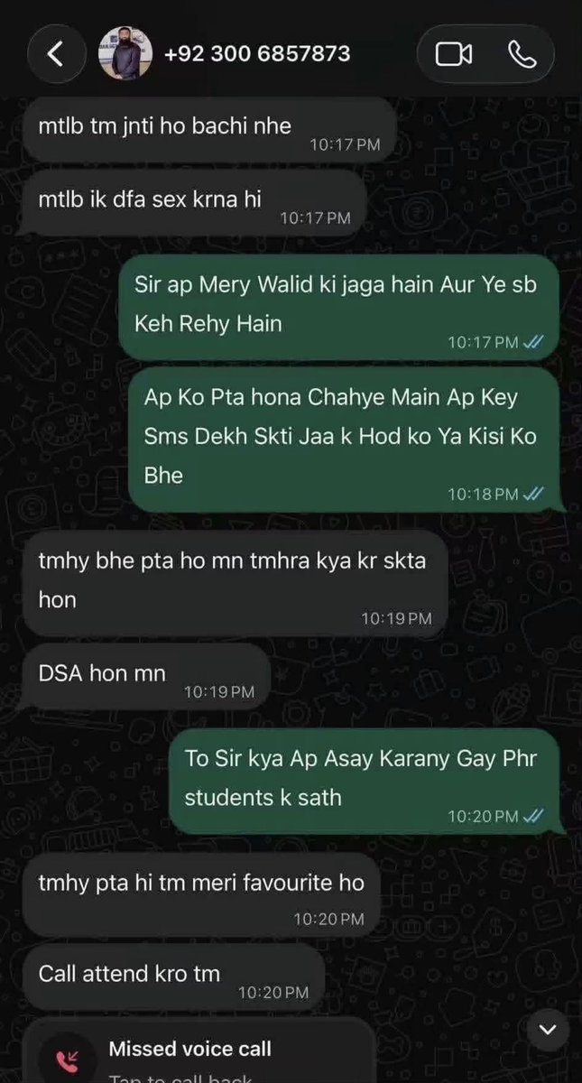 ia_rajpoot's tweet photo. #بڑی #خبر 

رحیم یار خان میں خواجہ فرید یونیورسٹی میں ایک پروفیسر کے مبینہ طور پر اپنی نوجوان طالبہ کو جنسی طور پر حراساں کرنے کے میسجز منظر عام پر آگئے 

عقیل الرحمان نامی پروفیسر نے طالبہ کے گریڈز بڑھانے لیے اسکو کھلے عام اپنے ساتھ Sex کی دعوت دے ڈالی 

پروفیسر کے ظلم کا شکار نوجوان طالبہ نے یہ سکرین شاٹس سوشل میڈیا پر شیئر کر دیے جس نے شاید خوف کے مارے اپنی شناخت ظاہر نہیں کی

اس میں ایک استاد اس کو نمبرز/ گریڈز کا خوف لالچ دے کر جنسی تعلق چاہتا ہے

اس کی فی الفور شفاف تحقیقات ہونی چائیے