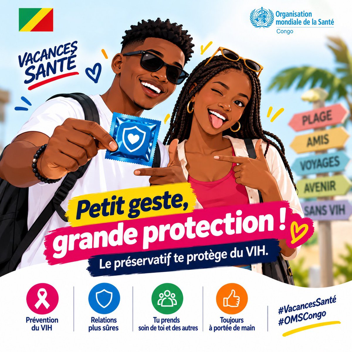 RonciaMATSONDA's tweet photo. Le bon réflexe peut tenir dans la poche ! 😉 Un préservatif correctement utilisé aide à se protéger du #VIH et des autres IST. En vacances aussi, plaisir rime avec protection. À toi de jouer !
#VacancesSanté #OMSCongo https://t.co/BYugRyN6FW