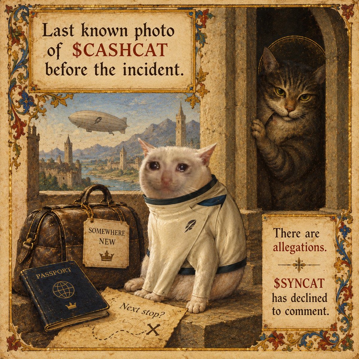 OfficialSYNCAT's tweet photo. @thebestonchain $CASHCAT keeps showing up in $SYNCAT holders’ wallets. the suspect has declined to explain why. https://t.co/FwtsA7JwXq