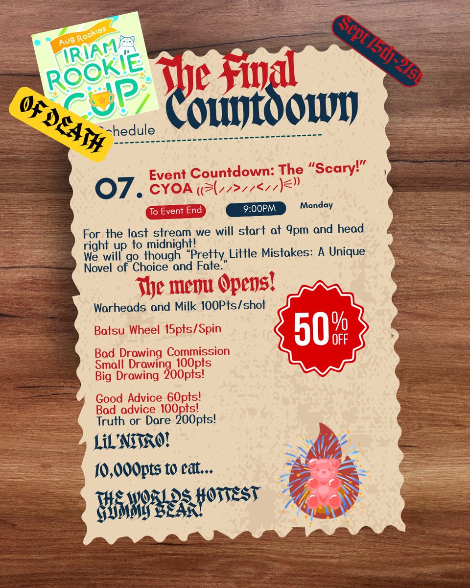 AtticusDegan's tweet photo. DAWN OF THE FINAL DAY!
Tonight we do the Final Countdown!
up to 50% off the weeks events!
No matter what happens let's have some fun!
and remember: Last day for Lil' Nitro the Worlds Hottest Gummy Bear!
Let's end this cup with a Bang!
#IRIAM #Vtuberㅤ #Attiwhy #AttiNO #AttiYES https://t.co/B4LwYvJLJH
