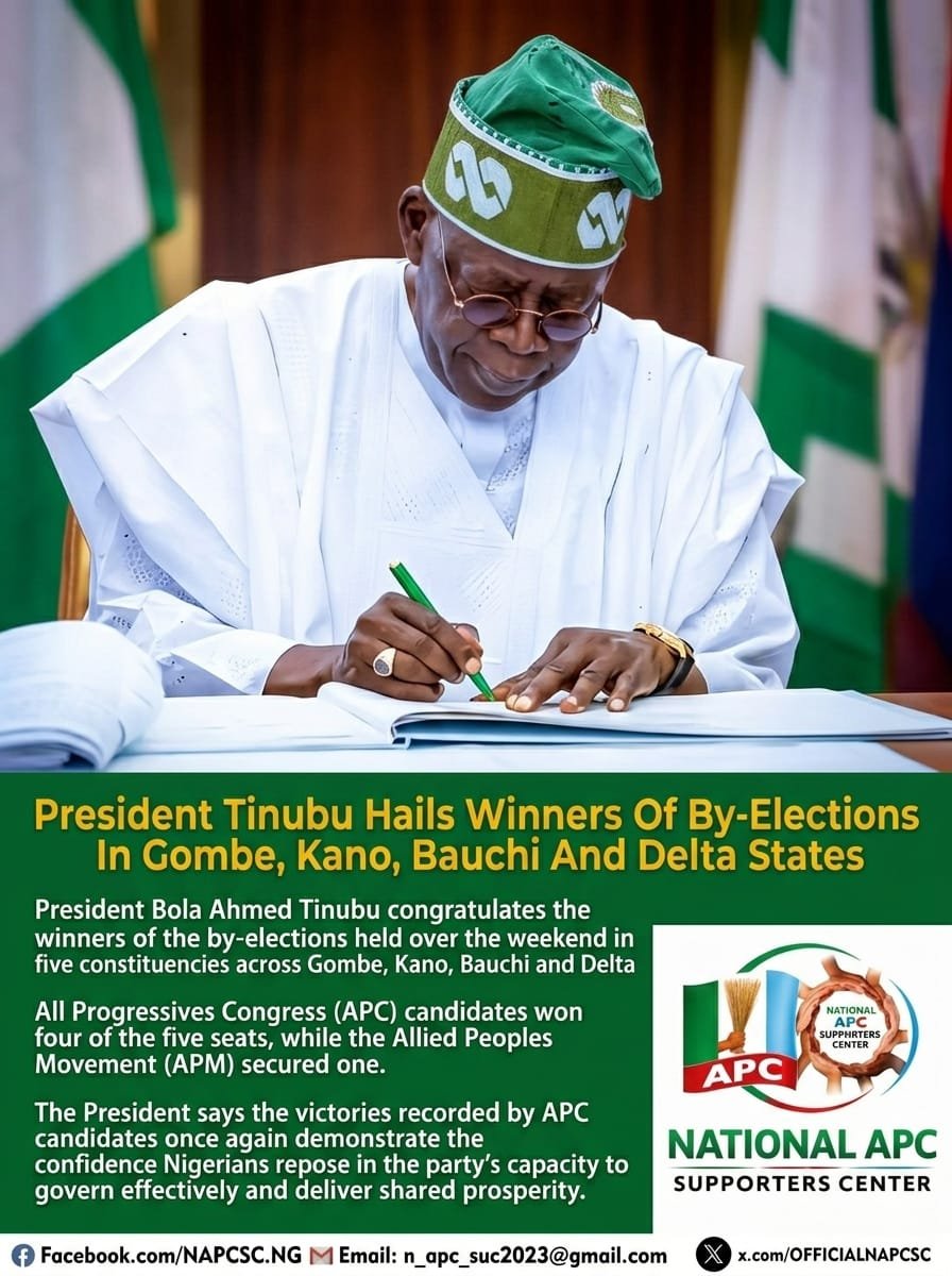 OFFICIALNAPCSC's tweet photo. President Tinubu Hails Winners Of By-Elections In Gombe, Kano, Bauchi And Delta States.

President Bola Ahmed Tinubu congratulates the winners of the by-elections held over the weekend in five constituencies across Gombe, Kano, ....
More: https://t.co/vq0F21zHfg https://t.co/8kjdaqdYoa