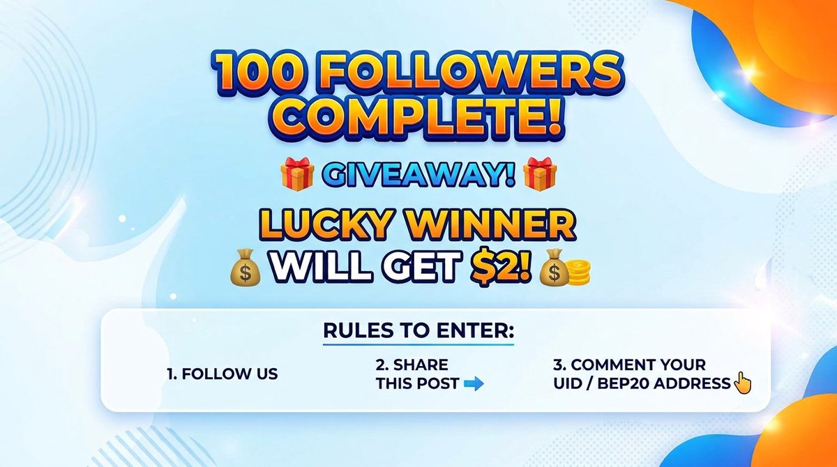 BlockTribeWeb3's tweet photo. 🚀 ROAD TO 100 FOLLOWERS! 🎁

Hit 100 followers → $2 GIVEAWAY! 💰

🏆 1 Lucky Winner — selected randomly 🎲

🔥 More milestones = Bigger rewards!
🎁 Weekly tasks &amp; giveaways coming soon!

Let’s hit 100! 🚀

#Giveaway #Crypto #BEP20 #Rewards https://t.co/ZwSwceyTBE
