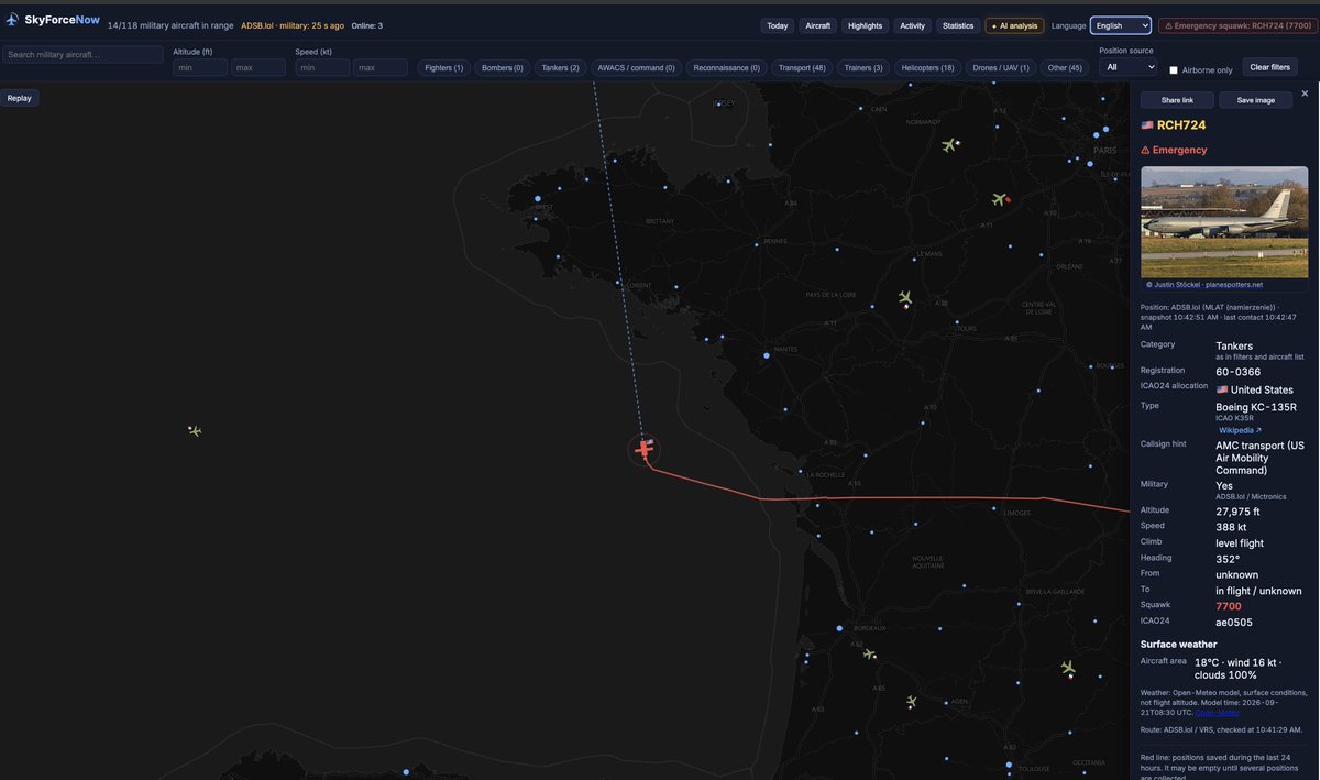 skyforcenow's tweet photo. 🚨 BREAKING: Flight RCH724 is currently squawking 7700, indicating a general emergency.  Monitoring the situation for further updates. ✈️  https://t.co/uwmfPiVKkj

#squawk7700 #rch724 #danger #flight #sos https://t.co/n86Yc5OUVh