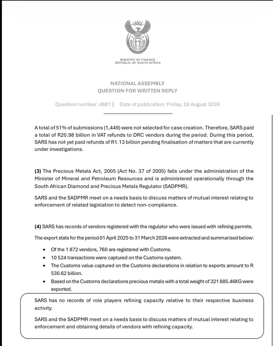 ZungulaVuyo's tweet photo. SARS doesn’t have the capacity and mechanisms to determine the refining capacity relative to business activity. 

Minerals illegally mined are mostly probably moved out of the country through legitimate channels. https://t.co/ewFh4eU89a