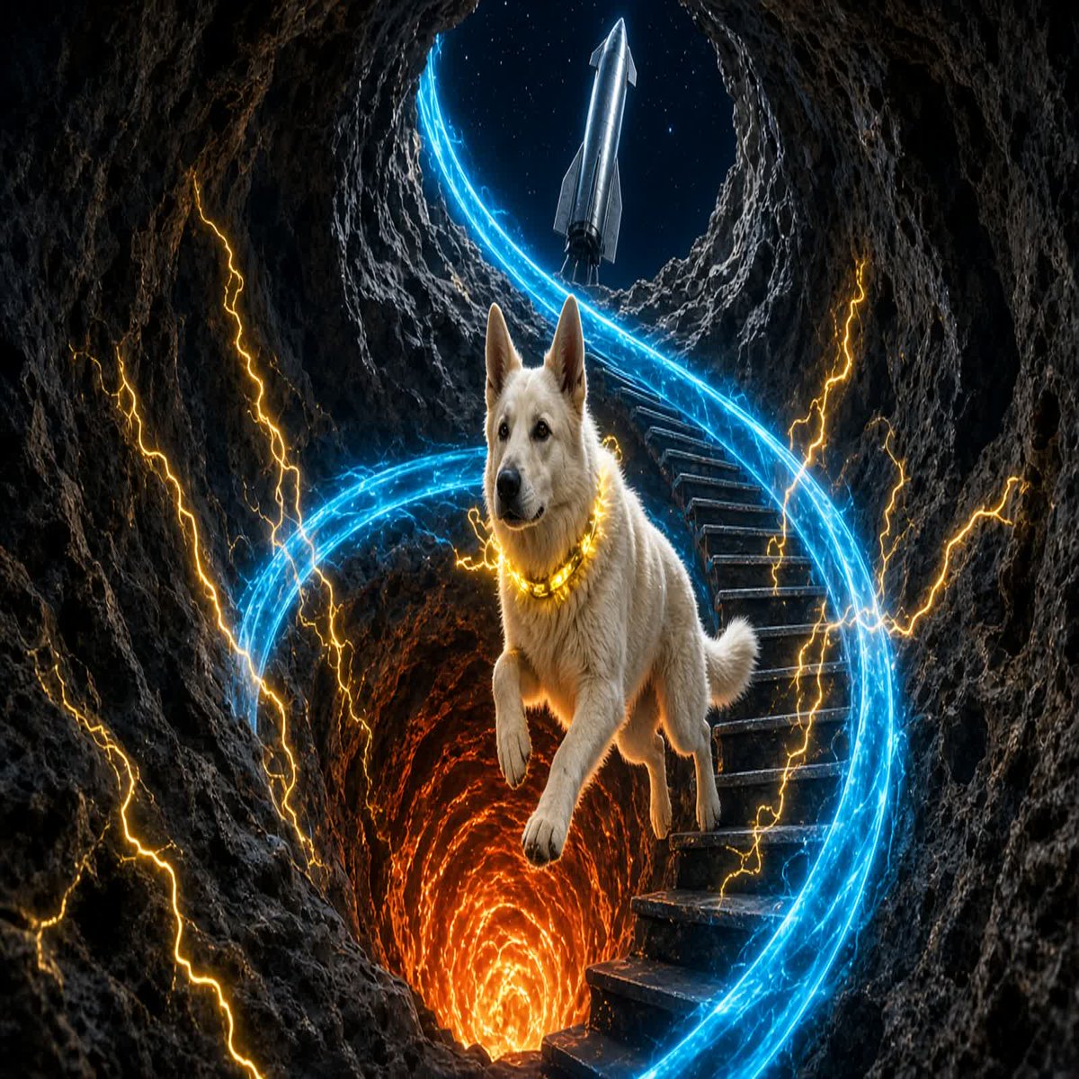BoltboyAlpha's tweet photo. The asteroid wasn't empty.
It was waiting for a runner.

Spiral stairs of cyan plasma climb the hollow core.
Molten copper breathes under every step.
Somewhere past the Starship on the rim,
a cream coat refuses the easy exit —
and the void learns gravity has a pack preference.

@StarBoltSprint ⚡