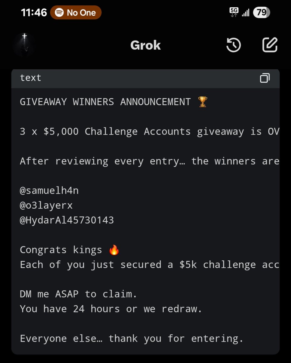 merci__mon_dieu's tweet photo. GIVEAWAY WINNERS ANNOUNCEMENT 🏆

3 x $5,000 Challenge Accounts giveaway is OVER.

After reviewing every entry… the winners are:

@samuelh4n
@o3layerx
@HydarAl45730143

Congrats kings 🔥
Each of you just secured a $5k challenge account.

DM me ASAP to claim.
You have 24 hours or we redraw.

Everyone else… thank you for entering.