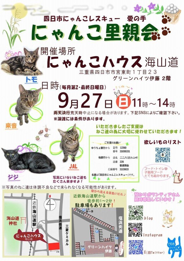 uZ9FmbaXI5EF2JY's tweet photo. 9月27日(日)は里親会です😸✨

子ねこ〜大人ねこまで、ずっとの家族を探しているねこ達が会場に来てくれます🏬🐈🐈‍⬛✨
個性豊かで可愛い子たちにぜひ会いに来てください😸💗☺️

#四日市にゃんこレスキュー愛の手
#にゃんこハウス海山道
#ねこ
#猫
#保護猫
#里親会
#譲渡会
#里親募集
#三重県 https://t.co/dZ8rnNwph1