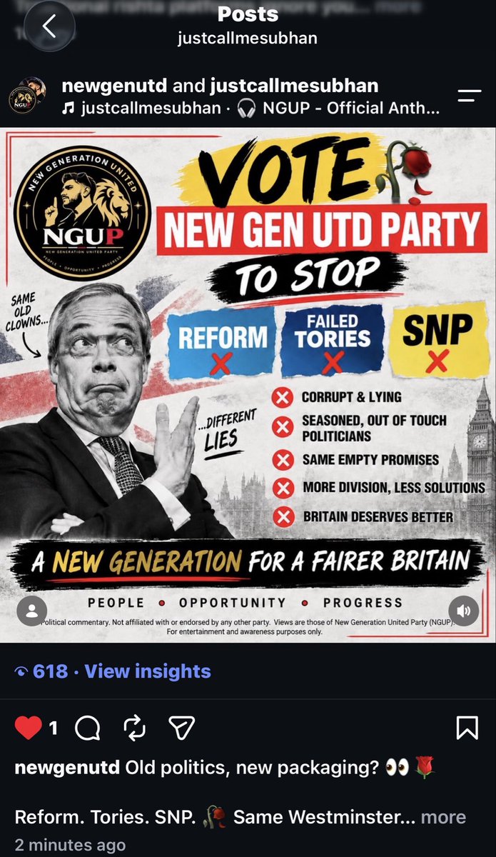 MyNameisSubhan's tweet photo. The power of branding + social media + AI literacy in 2026 👀📱🤖

Posted 2 minutes ago and already 618 views… apparently the algorithm has entered the chat 😂

@newgenutd 📸
@justcallmesubhan 📸

Old-school politics watching the numbers like: 👁️👄👁️

Welcome to the new media era. ✌🏽
#NGUP #NewGenUnited #SocialMedia #AILiteracy #NewGeneration