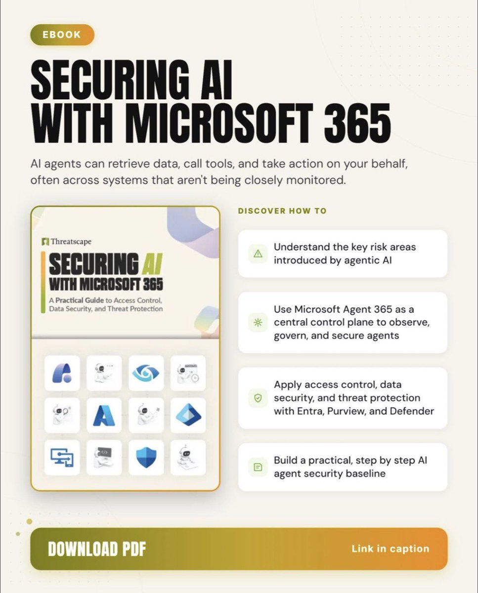 WelkasWorld's tweet photo. 📘 Collaborated with @Threatscape  on an e-book Securing AI with Microsoft 365.

Practical guidance for governing AI with Entra, Purview &amp; Defender - whether you have Agent 365/E7 or not.

📥 https://t.co/2e48etNt1h 

#AISecurity #Purview #SecuringAI #Defender #Entra #Agent365 https://t.co/w4jusjNnMw
