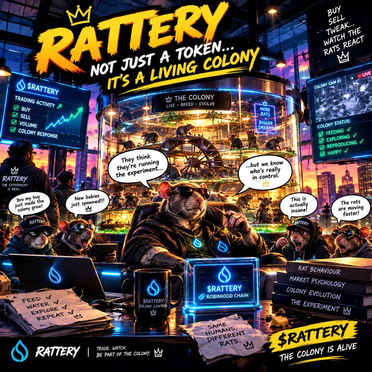 Emmanuelh9e's tweet photo. Three memes. One story. 🐀👑
Rattery isn’t just about buying a token and watching the chart.
It’s a living colony where the community, the rats and the ecosystem grow together.
From discovering the colony, to understanding the experiment, to becoming part of it.
Buy. Build. Grow. 🐀💚
A living 3D colony on Robinhood Chain.
CA: 0xc322305e79337300b59ff48389f8c9a1d9e0de76
@ratterytech
#Rattery #RobinhoodChain �