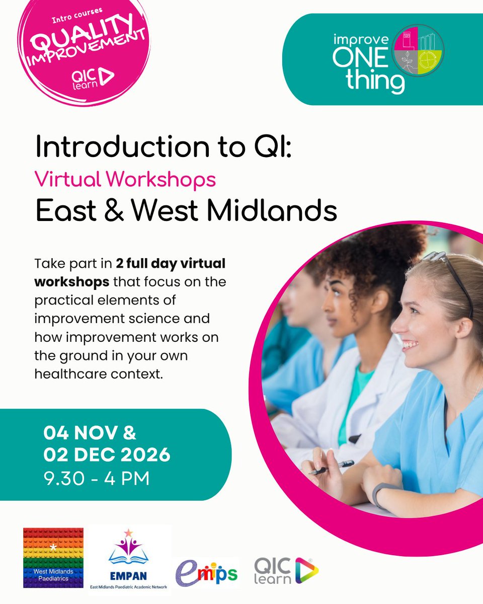 QIClearn's tweet photo. Registration Open! Introduction to QI East &amp; West Midlands - Autumn 2026

Whether you're just starting out or preparing to lead your first QI project, this 2-day course gives you the tools, skills &amp; confidence to explore QI independently.

🔗 https://t.co/BWyH4KlYys

@EastMidsPAN https://t.co/Oc8U2vsqsa