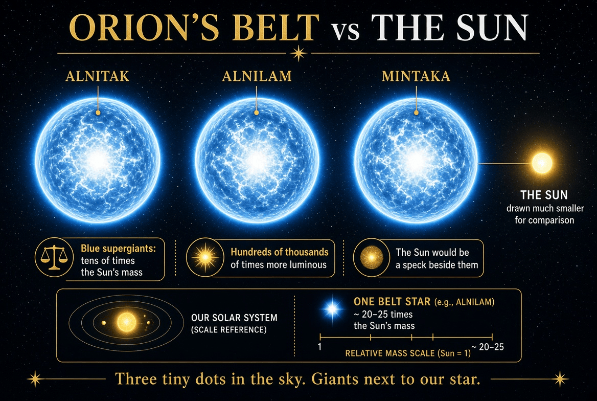 konstructivizm's tweet photo. Those three little stars in Orion’s Belt are neither little nor a belt.

Alnitak, Alnilam, and Mintaka look like beads on a string. They are not. They are blazing blue supergiants — huge, hot, and wildly more luminous than the Sun — scattered through deep space and only lined up because Earth happens to sit at this angle.

They are not even at the same distance. One is hundreds of light-years closer than another. From almost any other world, the famous straight line would fall apart.

And Mintaka, the “one star” at the end of the Belt, is a lie all by itself: a tight family of five suns pretending to be a single point of light.

Look up on a winter night and you are not seeing three dots. You are seeing a trick of perspective, a handful of giants, and a sky that keeps its best secrets in plain sight.