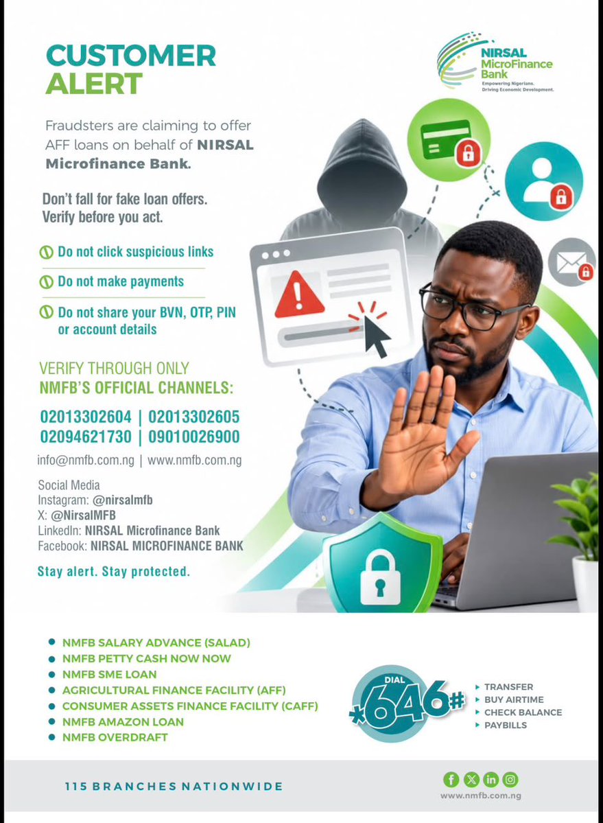 NirsalMFB's tweet photo. Customer Alert 🚨

Do not click suspicious links, make payments, or share your BVN, OTP, PIN, or account details. Verify through official NMFB channels only.
#EmpoweringNigerians 
#DrivingEconomicDevelopment https://t.co/8wbgKxZLTF