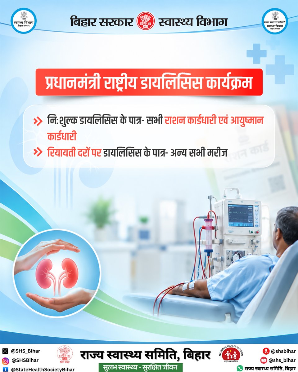 SHSB_Bihar's tweet photo. नि:शुल्क अथवा रियायती दर पर किडनी के मरीज डायलिसिस का लें लाभ।
अधिक जानकारी के लिए टोल फ्री नंबर 104 पर कॉल करें।
#pmndp #dialysis #DialysisServices #dialysispatient #HealthForAll @IPRDBihar @BiharHealthDept @MoHFW_INDIA @Nishantjdu81 https://t.co/m6TPOtv33U