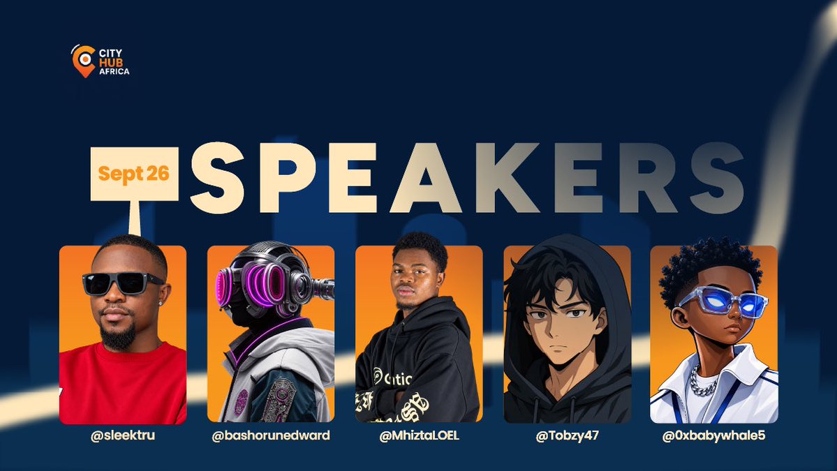 CityHubAfrica's tweet photo. The lineup is officially locked in. 👀

On September 26, we’re bringing together some of the voices shaping conversations around Web3 for the Lagos Web3 Hangout.

Meet our speakers:

~ @sleektru 
~ @bashorunedward 
~@MhiztaLOEL 
~@Tobzy47 
~ @0xBabywhale5 

Expect real conversations, fresh perspectives, networking, and plenty of Web3 energy.

📍 Lagos
📅 Sept 26

If you’re building, learning, creating, or simply curious about Web3, you’ll want to be in the room.

Lagos, we’re outside. 🇳🇬

#LagosWeb3Hangout #Web3Nigeria #Web3Africa