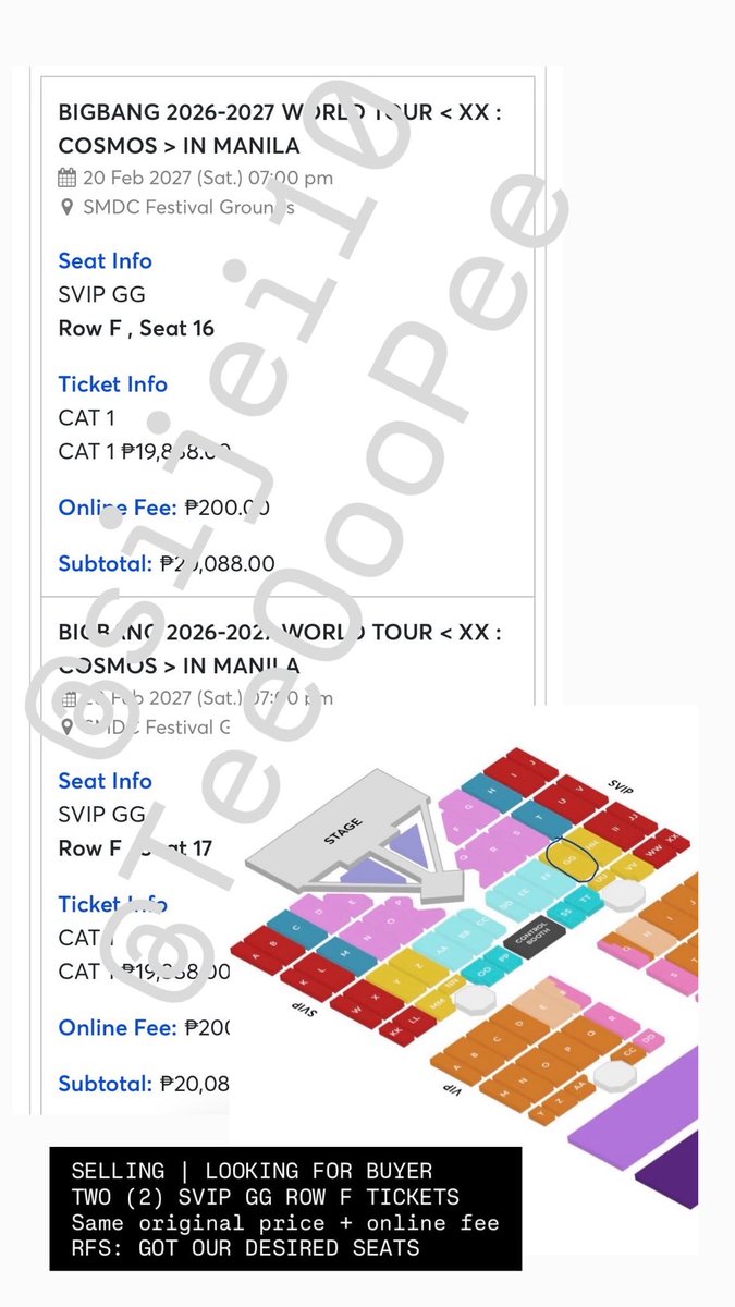 sijei10's tweet photo. WTS LFB w/ @TeeOooPee 

TWO (2) SVIP GG ROW F TICKETS
Same original price + online fee
RFS: GOT OUR DESIRED SEATS

We can transact using our real social media accounts for your peace of mind and avoid scammers

#BIGBANGinMANILA #COSMOSinMANILA
#BIGBANG
#GDRAGON
#TAEYANG
#DAESUNG https://t.co/1t0sjxp97v