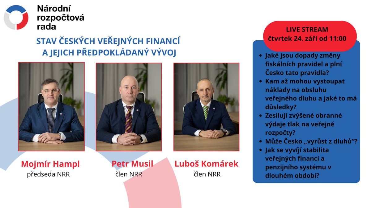 rozpoctova_rada's tweet photo. 📢Stav českých veřejných financí a jejich dlouhodobá udržitelnost. Již tento čtvrtek na naší tiskové konferenci. LIVE STREAM od 11:00 s M. Hamplem, L. Komárkem a @petr_petrmusil.
📷➡️: https://t.co/HGLGNlRFge https://t.co/mywUFcqT6X