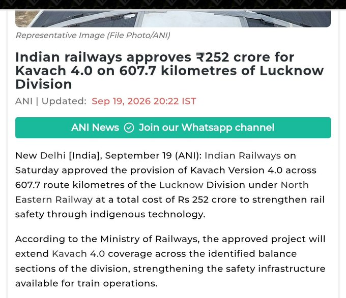 TheRealMannyPac's tweet photo. Big Breaking 🚨🚨🚨

Indian railway approves ₹252 cr for Kavach 4.0 on 607 kilometres of Lucknow division 

#Hbl #Kernex #Kavach https://t.co/OO0zB9kuXn