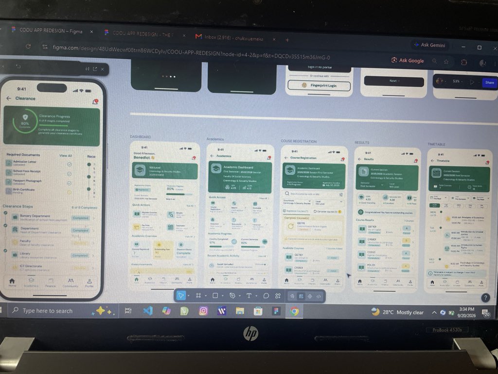 emperoruiux's tweet photo. Been putting serious work into my COOU Student Portal redesign. 📱

So far: Authentication → Dashboard → Course Registration → Results → Timetable → Clearance ✅

Now working on Documents.

Still building. 🚀💚

#ProductDesign #UIUX #Figma https://t.co/uhOYjrbq1K