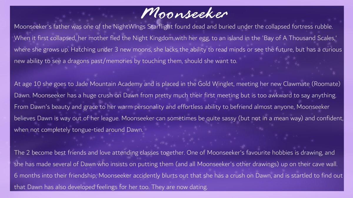 EmeraldDragon21's tweet photo. Woo new ref sheets for my WoF OCs!! Featuring my fancy girlies and sneaky boi.

More lore can be found on DeviantArt.

Other than the star designs on Moonseekers’ wings, the rest of the designs are the same.

[1/2]

#wof #wingsoffire #nightwing #sandwing #rainwing https://t.co/MqzXvN1bTf