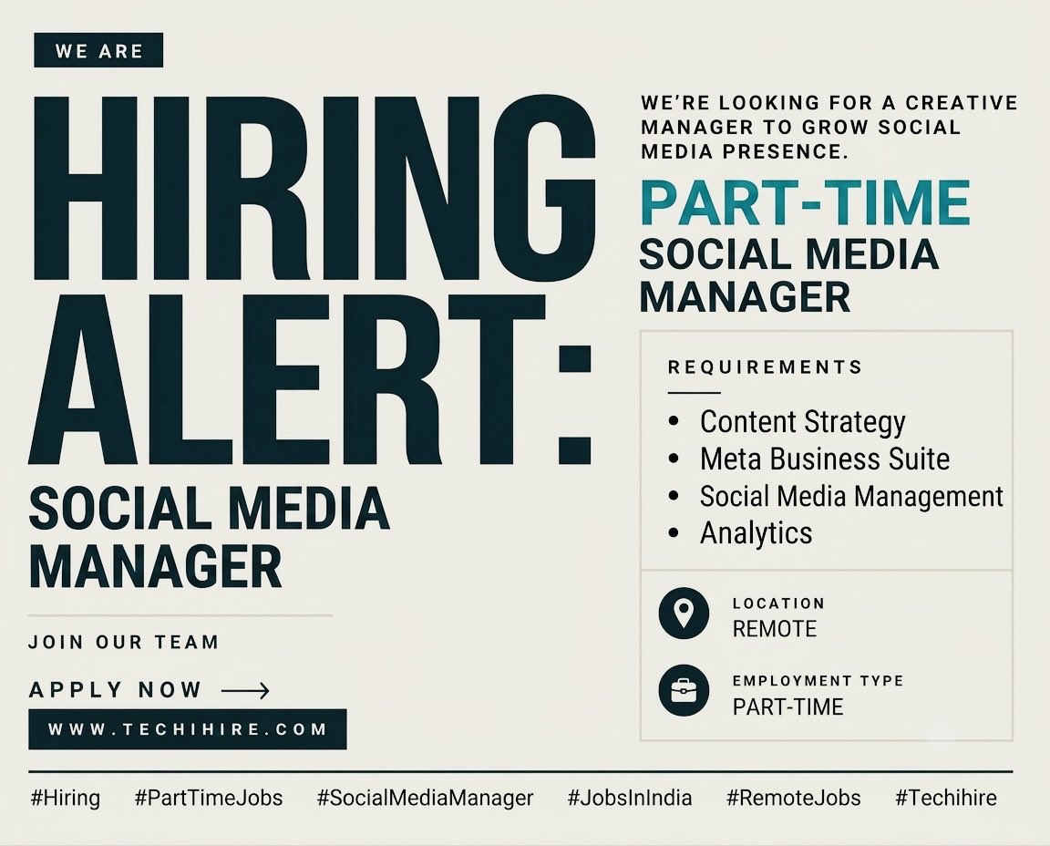 real_techihire's tweet photo. Hiring Alert: Part Time Social Media Manager

Apply Now: https://t.co/vJvrF98tab

We’re looking for a creative Social Media Manager.

Location: Remote
Employment Type: Full-Time

#Hiring #SocialMediaManager #MarketingJobs #RemoteJobs #Techihire https://t.co/tyiT8UKHVT