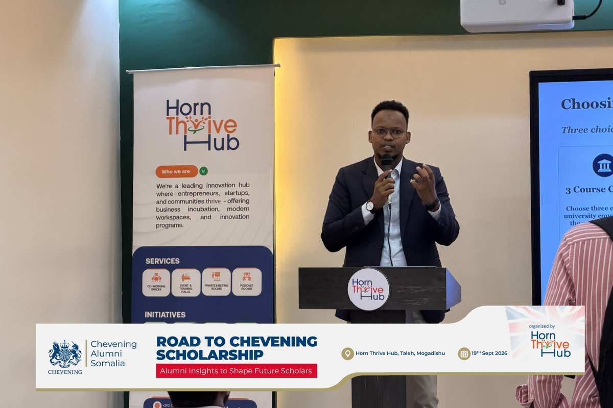 HornThriveHub's tweet photo. Road to Chevening — A full house of Somali graduates and young professionals joined us to explore the Chevening Scholarship 2026, from the application process and essays to interview preparation.

Thank you to our speakers and chevening alumni, Hassan Abdulkadir, Sadiq Khalid and Abdirahman Dirie for sharing their valuable experiences and to everyone who participated.

Wishing all applicants success! 🇬🇧
#RoadToChevening #Chevening #Somalia