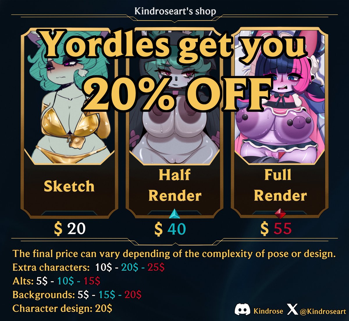 KindroseArt's tweet photo. There haven't been any requests for Yordles this time around 😢So if you request a Yordle, you'll get 20% off.  Limited to 4 spots! https://t.co/vLNgjymN2f