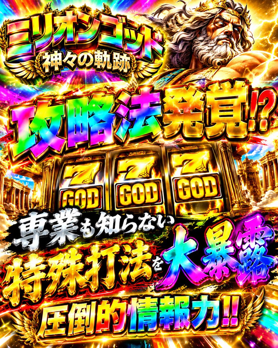 god_072's tweet photo. 圧倒的ばら撒き‼️‼️
〜ミリオンゴッド神々の軌跡〜
⚠️コンチ音ならし過ぎに注意⚠️

GODで勝つには
✅GODを引く
✅Zゾーンでぶち壊す
✅赤7でぶち壊す
✅80%ループでぶち壊す
✅アメグレ流す
✅ゼウスモードにぶち込む

そしてみんながイメージしやすい勝ち方は、、、
『天井からのぶち壊し』

そう、この台は天井からZゾーンや80%ループに行く振り分けがあるのだ。

ではどうやって天井まで行かせるか？
それはペナ打ち。

なんとこの台はガイアベル時にペナっても天井は伸びないし、天井恩恵もちゃんと貰える。

しかも15枚払い出されるから少しお得。

1200G以上ハマってガイアベルが来たら順押しでペナ打ち‼️‼️‼️
15枚も貰える上に、小役の連続による当選確率を下げることができる。

小役連で単発で終わるより、夢を見ようぜ‼️‼️
目指すは万枚、コンプリート‼️‼️

そしてGODにはまだまだ㊙️マル秘な狙い方がある。

最近赤7後や天井後が熱いと言うのはだいぶ広まって来たが“本質”はそこでは無い。

専業も知らないから勝てる。
どこにも載って無いから勝てる。

圧倒的に拾える情報はコメント欄から。
GOD好きには必見の内容となっている🌈
↓↓↓↓