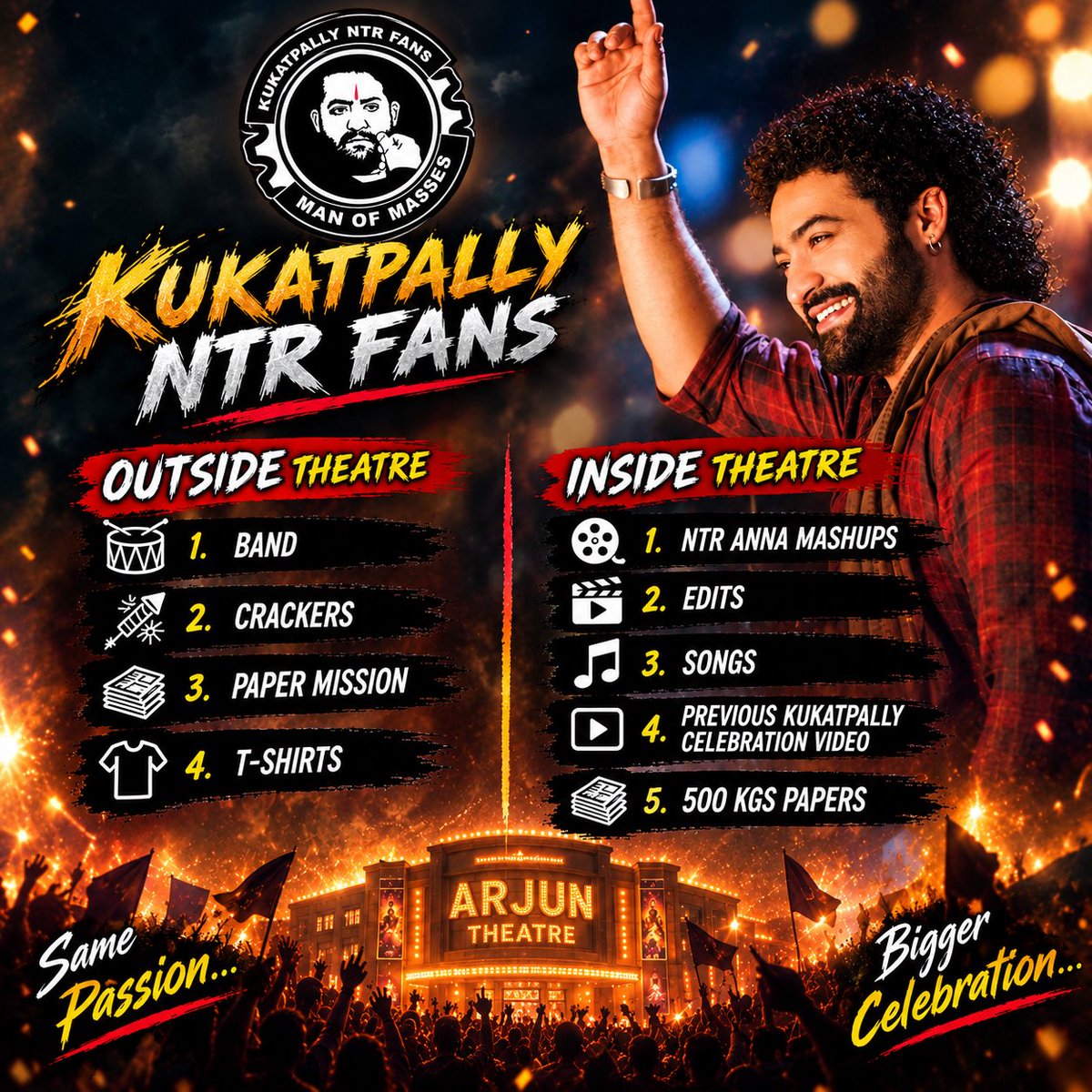 murali_ntr_'s tweet photo. 🔥 KUKATPALLY ARJUN THEATRE MASS CELEBRATION 🔥

27th September morning 6:00am celebration stat
Kukatpally NTR Fans — Always Ready for the Mass! 🔥🦁

Jai @tarak9999 anna 
#KukatpallyNTRFans #NTR #JrNTR #NTRFans #ManOfMasses #ArjunTheatre #MassCelebration https://t.co/N9Ndljznhq