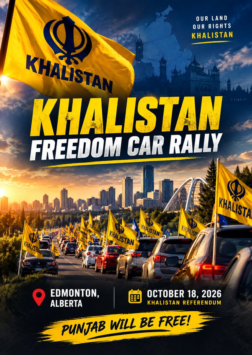 KaurJasslen's tweet photo. Edmonton, Alberta π¨π¦
A Khalistan Freedom Car Rally is underway ahead of the October 18, 2026 Khalistan Referendum,with a large convoy participating in the event.
Sikhs #Punjab Adani Colts #Bihar Tata Sons 14 Cr Merit IIT B Gandhi North India Sonia Gyanesh #RiseAndFallS2 SC-ST https://t.co/ovOoMFBwwt